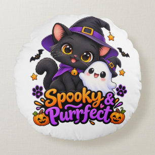 Coussins Ronds Oreiller jeté de chat noir Halloween Spooky & Purr