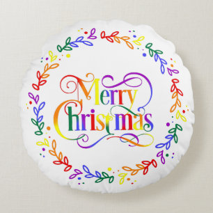Coussins Ronds Oreiller jeté rond Couronne de Noël Joyeux arc-en-
