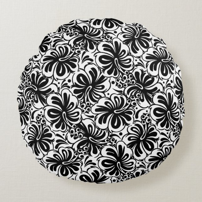 Coussins Ronds Oreiller Noir & Blanc Floral (Devant)