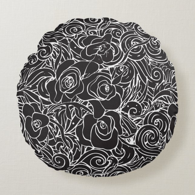 Coussins Ronds Oreiller Noir & Blanc Floral (Devant)