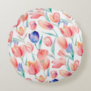 Coussins Ronds Oreiller rond à motif de tulipes à l'aquarelle