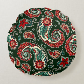 Coussins Ronds Oreiller rond à motifs cachemire rouge et vert