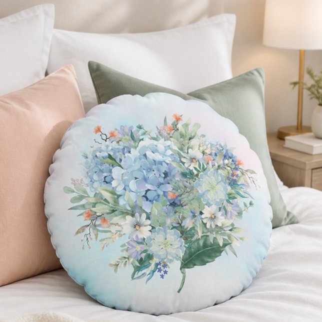 Coussins Ronds Oreiller rond aquarelle Hydrangea bleue (Créateur téléchargé)