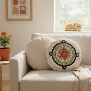 Coussins Ronds Oreiller rond Art Ancien Visage Solaire Calendrier