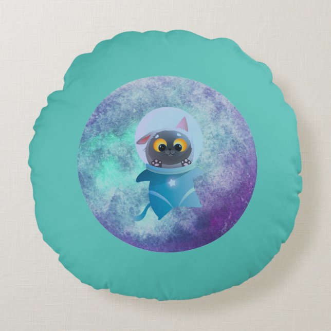 Coussins Ronds Oreiller rond chat de l'espace turquoise (Devant)