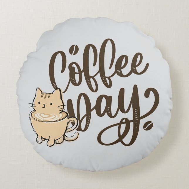 Coussins Ronds Oreiller rond Cute Cat Coffee (Devant)