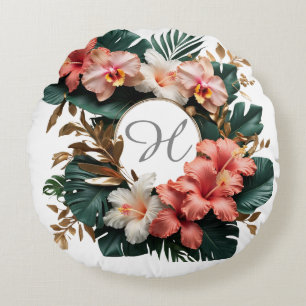 Coussins Ronds Oreiller rond de monogramme floral tropical élégan