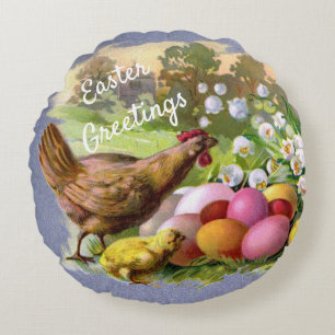Coussins Ronds Oreiller Rond de Pâques avec Poules de Basse-Cour