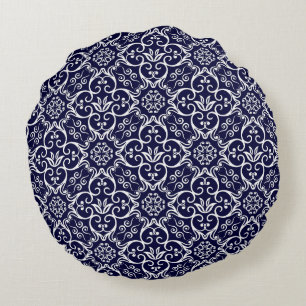 Coussins Ronds Oreiller rond en damas bleu marine et blanc