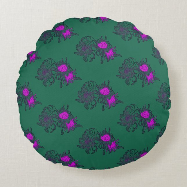 Coussins Ronds Oreiller Rond Fleuris Violet Profond Vert (Devant)