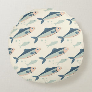 Coussins Ronds Oreiller rond jeté à motif de poissons bleu et sar