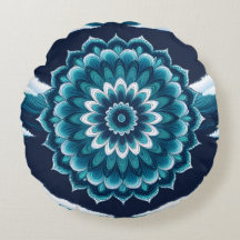 Oreiller rond jeté fleur mandala bleu sarcelle | B