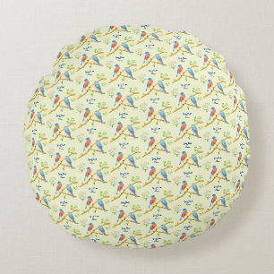 Coussins Ronds Oreiller Rond Oiseaux Bleus Avec Texte Jaune Pâle