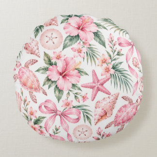 Coussins Ronds Oreiller rond rose tropical tortue de mer