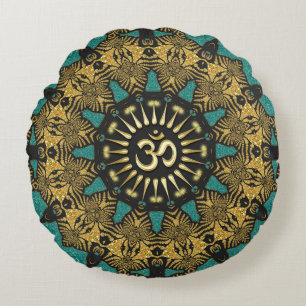 Coussins Ronds Oreiller rond symbole Om mandala tribal sarcelle