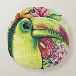 Coussins Ronds Oreiller rond Toucan Green Tropical Hawaiian Art