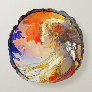 Coussins Ronds Oreiller Rond Vibrant Aquarelle de Fille