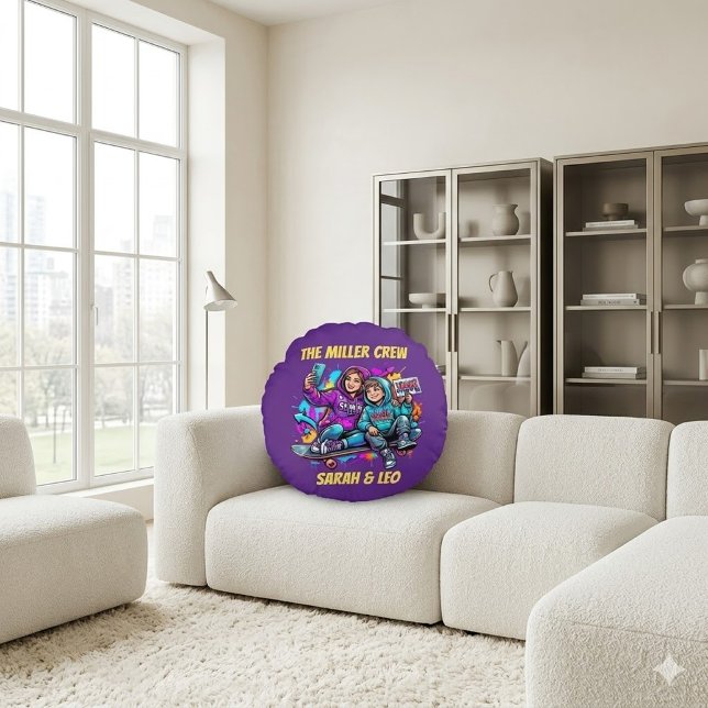 Coussins Ronds Oreiller Rond Violet Patineur Mère Fils (Créateur téléchargé)