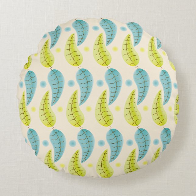 Coussins Ronds oreiller ronde feuilles Chartreuse et Aqua (Devant)