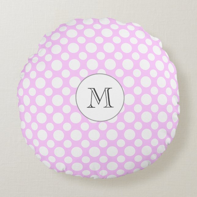 Coussins Ronds Oreiller Rose avec Points Blancs et Initiale Perso (Devant)