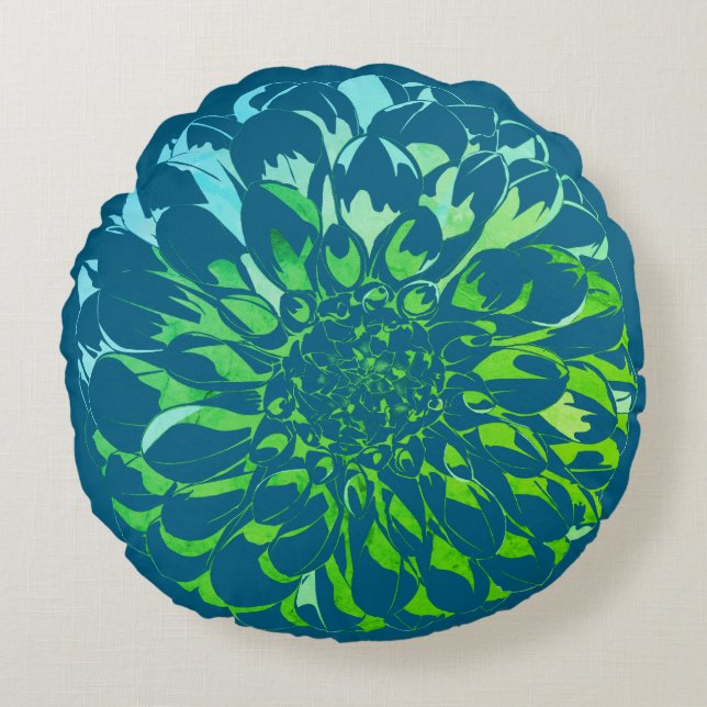 Coussins Ronds Oreiller sarcelle fleur de dahlia  (Devant)