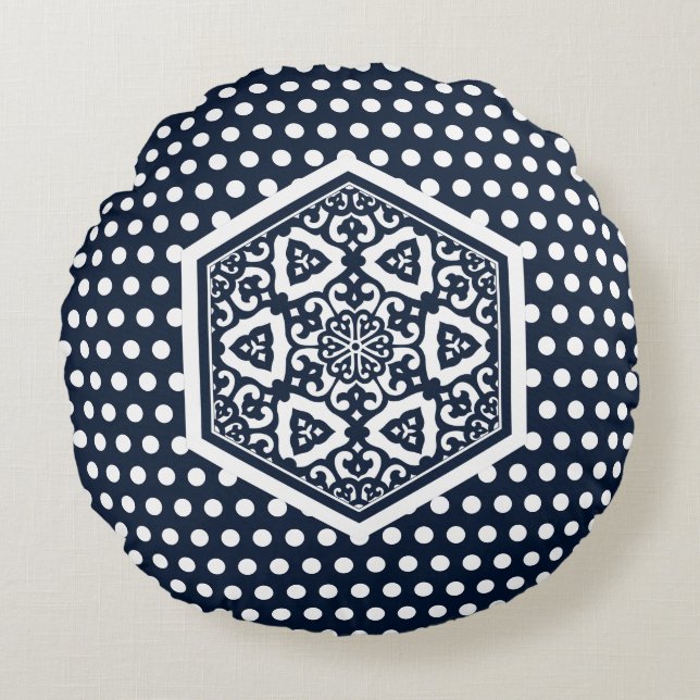 Coussins Ronds Oriental Bleu Blanc Ottoman Tracery Art (Devant)