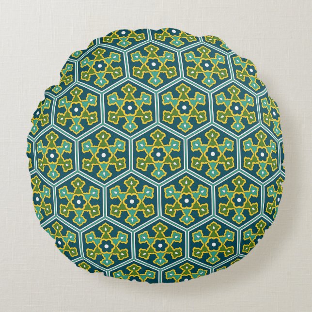 Coussins Ronds Oriental bleu jaune vert ottoman turc Hexagon (Devant)