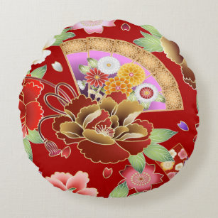 Coussins Ronds Oriental éventail à main japonaise floral