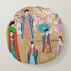 Coussins Ronds Orientale fille en retro costumejapanese, chinois,