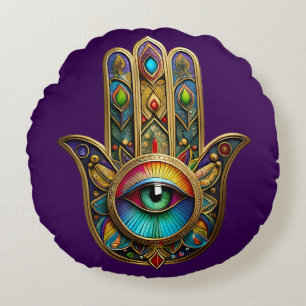 Coussins Ronds Orné Hamsa Coloré Or Sur Fond Rouge Troisième Œil