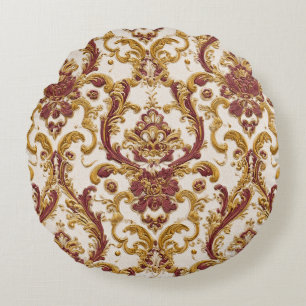 Coussins Ronds Ornement baroque en ivoire avec or et bordeaux