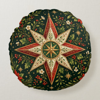 Coussins Ronds Ornement étoile de Noël vintage Poinsettia Holly