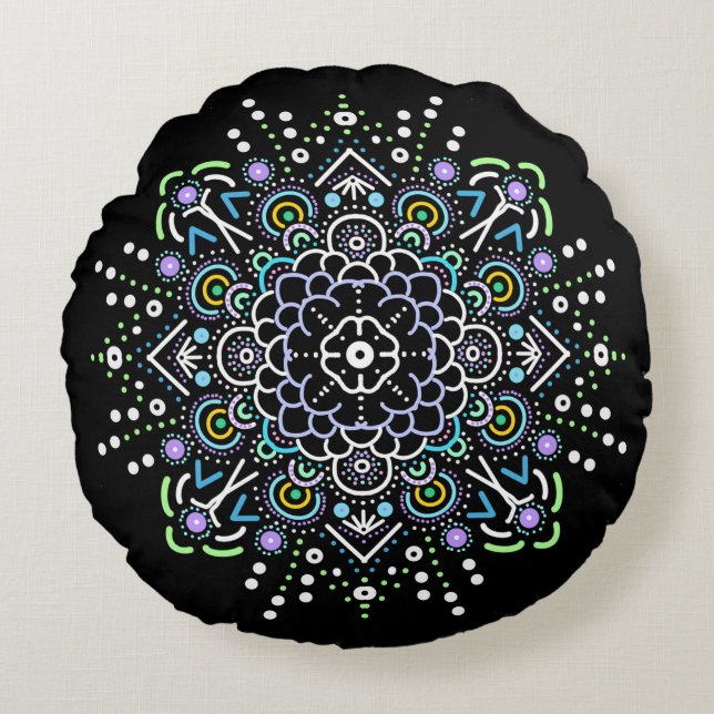 Coussins Ronds Ornement Mandala noir, violet et vert (Devant)