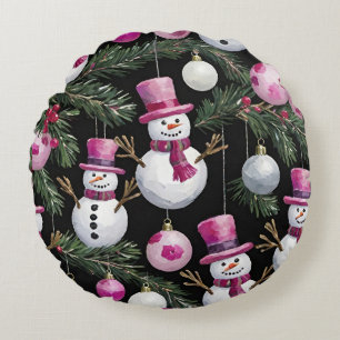 Coussins Ronds Ornements de Noël rose Snowman