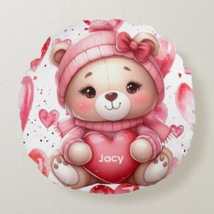 Coussins Ronds Ours adorable serrant un cœur avec nom personnalis
