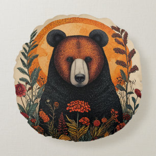 Coussins Ronds Ours artistique parmi des fleurs botaniques vibran
