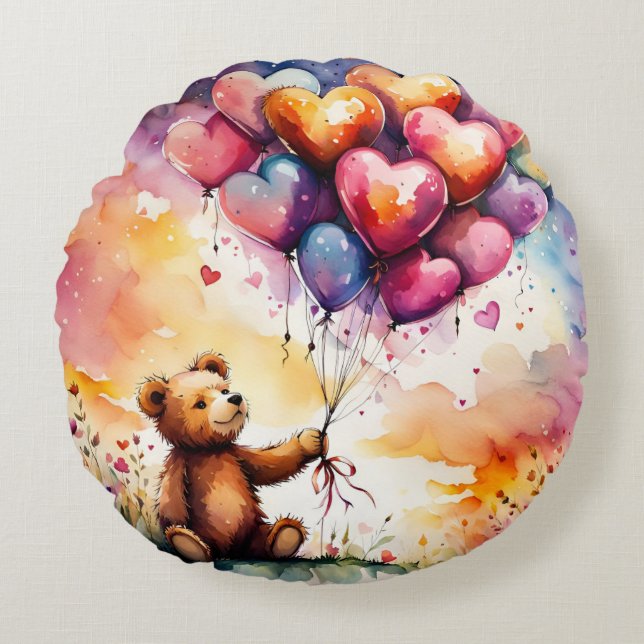 Coussins Ronds Ours en peluche avec ballons en forme de coeur (Devant)