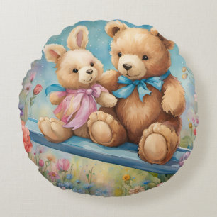 Coussins Ronds Ours en peluche et lapin Assis dans le jardin