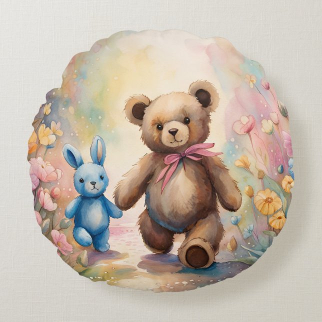 Coussins Ronds Ours en peluche et lapin dans un jardin pastel (Devant)