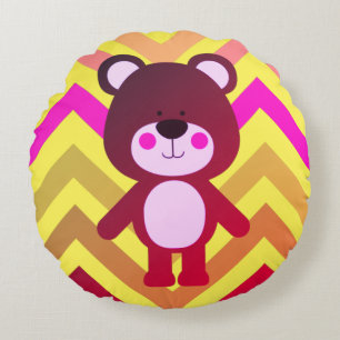 Coussins Ronds Ours en peluche rose et jaune Chevron
