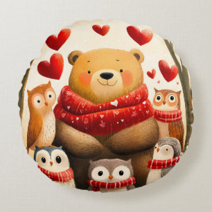 Coussins Ronds Ours et famille de hiboux cosy en forêt en hiver