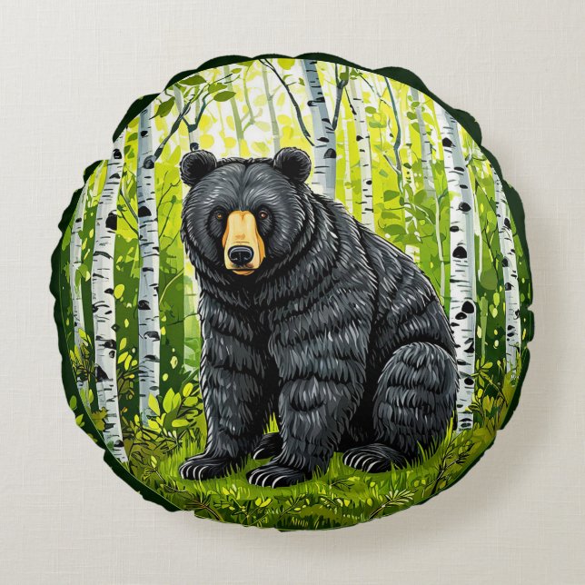 Coussins Ronds Ours noir dans une forêt de bouleaux (Devant)