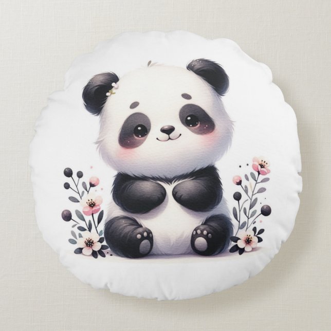 Coussins Ronds Ours Panda mignonne et fleurs (Devant)
