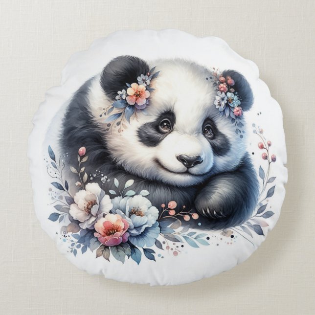 Coussins Ronds Ours Panda mignonne et fleurs (Devant)