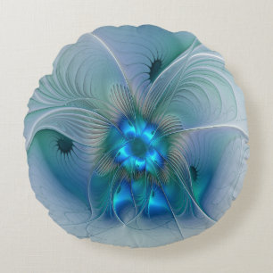 Coussins Ronds Ovations debout, fractale abstraite bleu turquoise