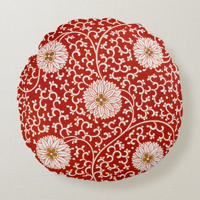 Coussins Ronds Owen Jones Ornement Chinois Fleurs Rouges et Blanc (Devant)
