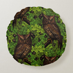Coussins Ronds Owls in the oak tree, green and brown