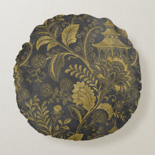 Coussins Ronds Pagode Florale Vintage Chinoise Élégante en Or