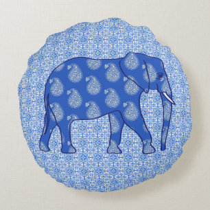 Coussins Ronds Paisley éléphant - bleu cobalt et blanc