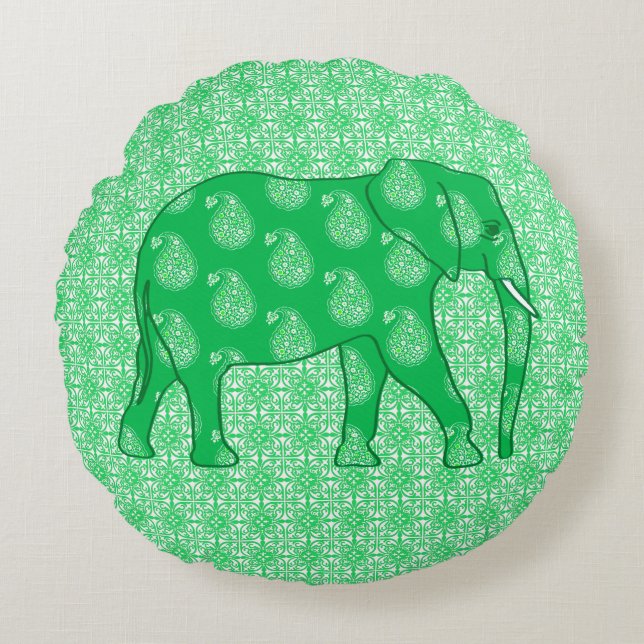 Coussins Ronds Paisley éléphant - Jade vert et blanc (Devant)